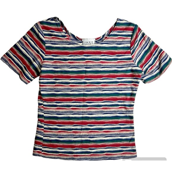 Jazz Sport Tops - Vintage Jazz Sport 1990s Y2K Wavy Striped Multicolor Shirt - Women's Size Medium